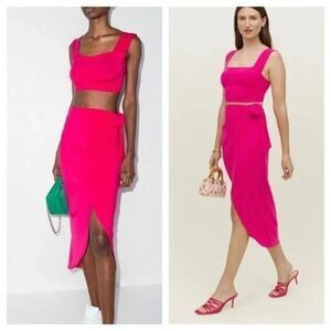 Reformation / Rika Knit Wrap Midi Tie Front Skirt Corvette Hot Pink Small S